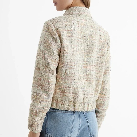 Sequin Tweed Novelty Button Cropped Bomber Jacket - Picture 2 of 8